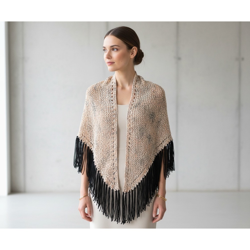 NEW Beige Marled‎ Fleck Hand Knitted Shawl Wrap Scarf Boho Hippie Cottage Artsy